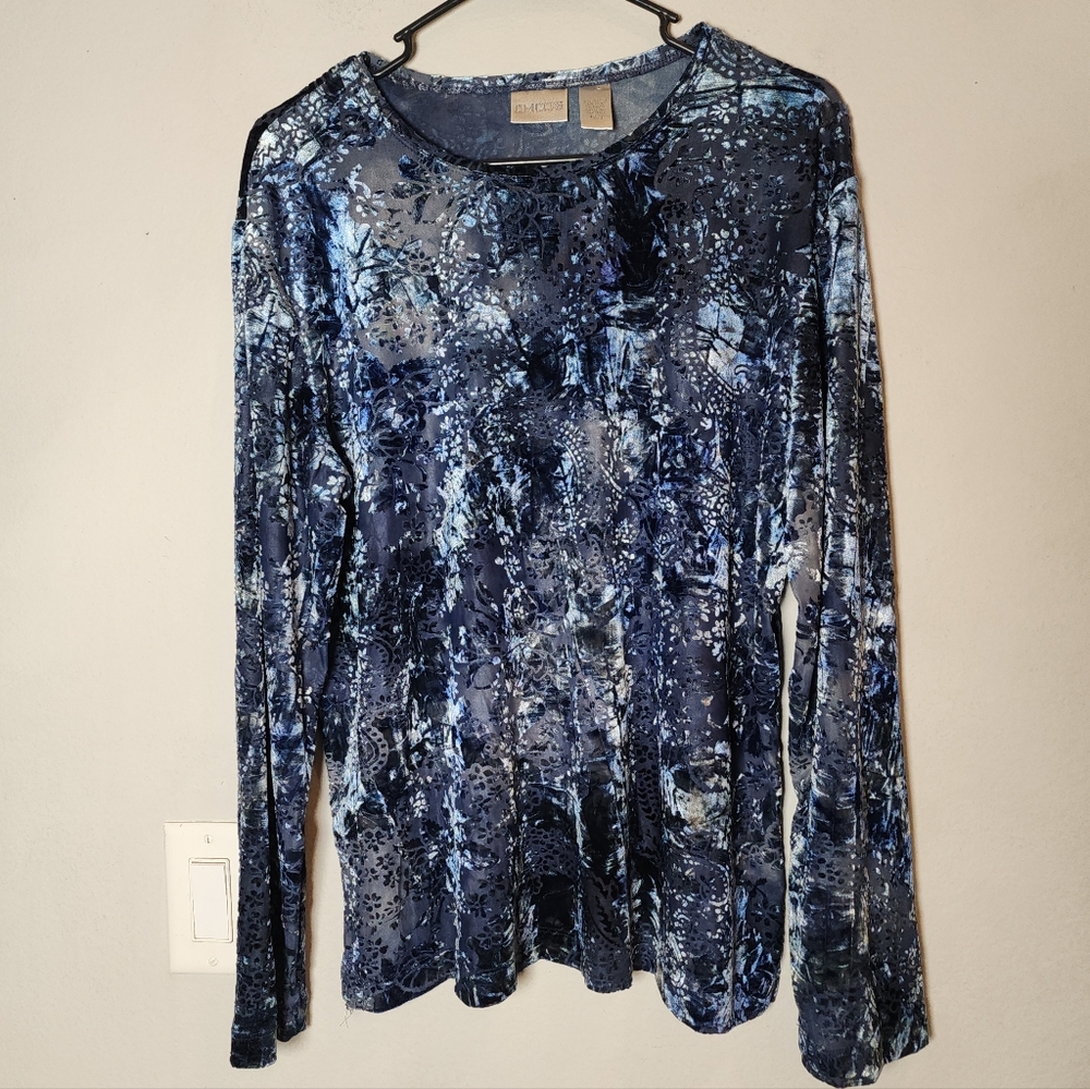 Chico's Velvet Burnout Blue Long Sleeve Top Stretchy Semi Sheer Size 3 XL